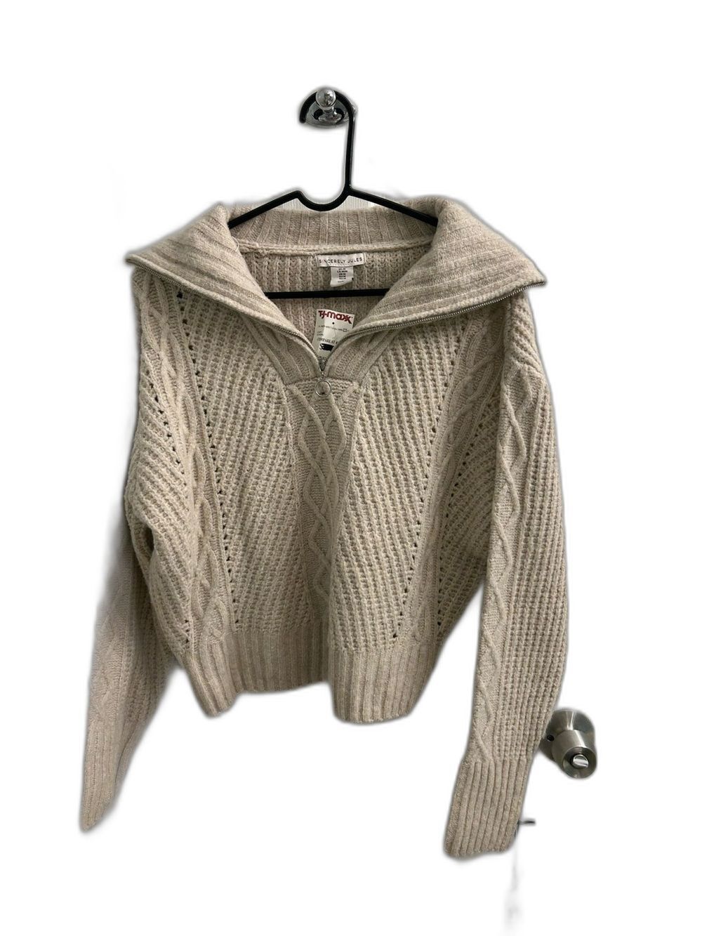 Sincerly Jules Cream Cable-Knit Zip Collar Sweater-MD